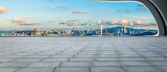 Foto op Plexiglas Zhuhai and Macau city skylines with square floor at sunset, China. Panoramic view. © ABCDstock