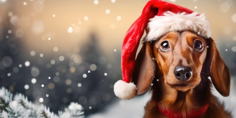 Dachshund wearing Santa hat and wrapped in garland on winter background high quality 