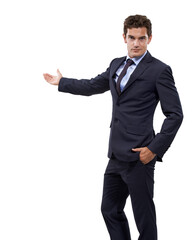 Studio portrait, advertising or professional man gesture at service news, notification space or...