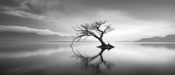 Black and White Minimalist Landscape Photography, Long Exposure Anamorphic Wallpaper Poster Banner...