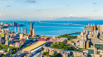 Aerial view of beautiful Zhuhai city skyline and modern buildings scenery by the sea, China. Famous...
