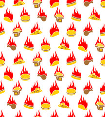Fiery fast food Pattern seamless. Hot fast food texturel. Fiery food. Street food concept with pepper.Burrito and burger. Fried chicken and pizza. Chinese food and hotdog Background