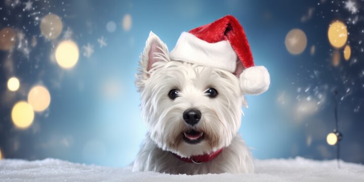 Cute west highland terrier, wearing Santa hats in the snow with twinkling coloured lights, Christmas card 