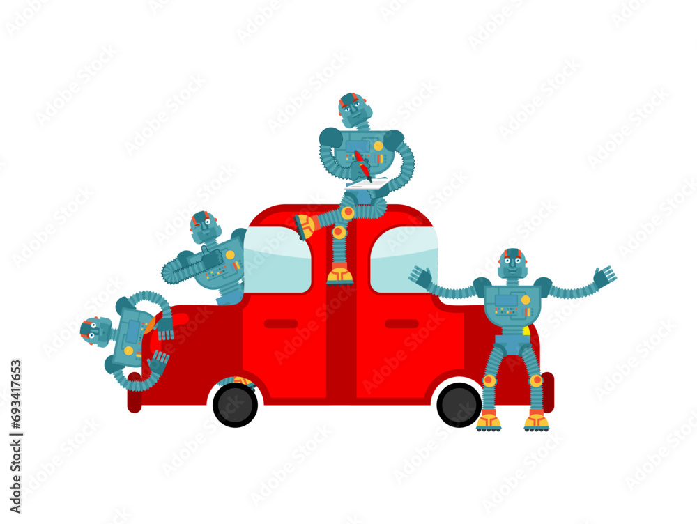 Poster mini robot car mechanic and car. nanorobots and auto. car service of future concept. technologies of