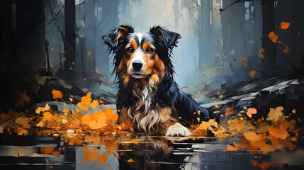 Dog in the Forest, Set Against a Tranquil Blue and Yellow Background, Styled in Dark Cyan and Orange Hues for a Captivating Nature Scene - obrazy, fototapety, plakaty