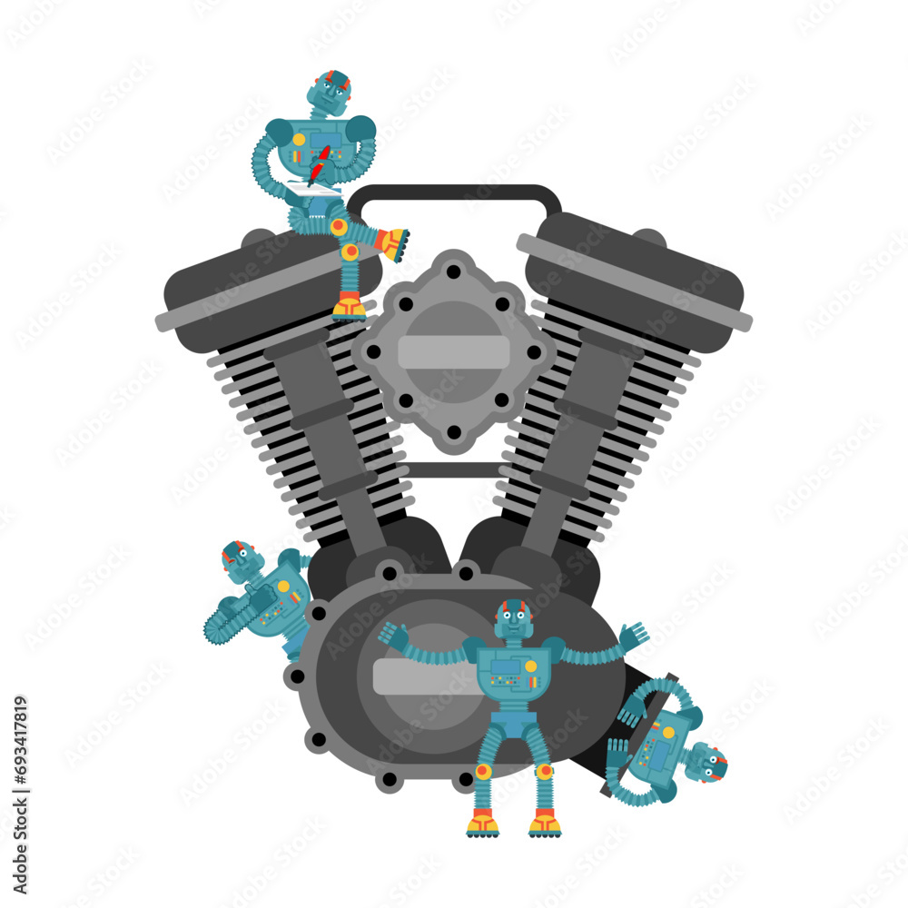 Poster mini robot car mechanic and engine. nanorobots and internal combustion engine. car service of future