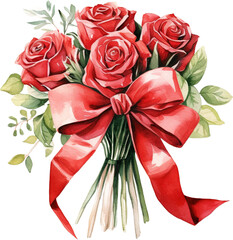 Bouquet of roses with red bow isolated on transparent background