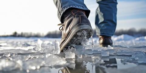 Danger of slipping. Boots on rough slipper ice surface.   Dangerous fishing
