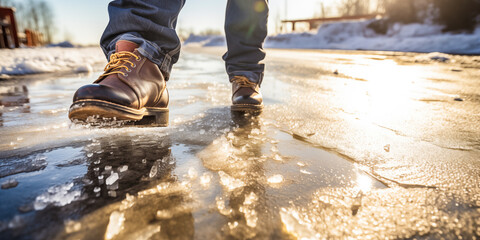 Danger of slipping. Boots on rough slipper ice surface.   Dangerous fishing
 - obrazy, fototapety, plakaty