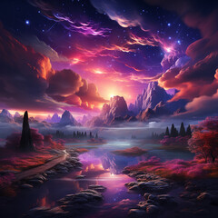 Abstract fantasy background of colorful sky with neon clouds