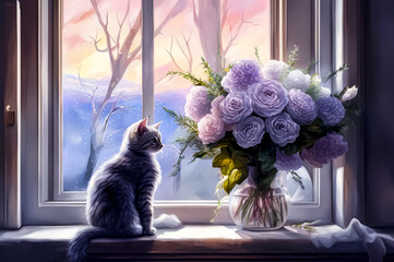 A kitten is sitting on the windowsill next to a bouquet of flowers.	
