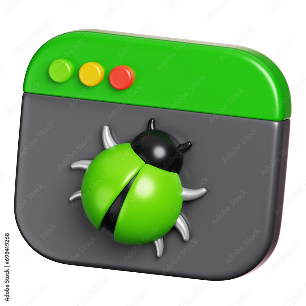 Poster virus bug on webpage showing of malicious website isolated. network security icon. 3d illustration