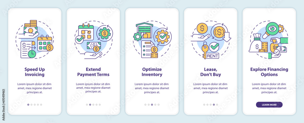 Poster 2d icons representing strategies for improving cash flow mobile app screen set. walkthrough 5 steps 