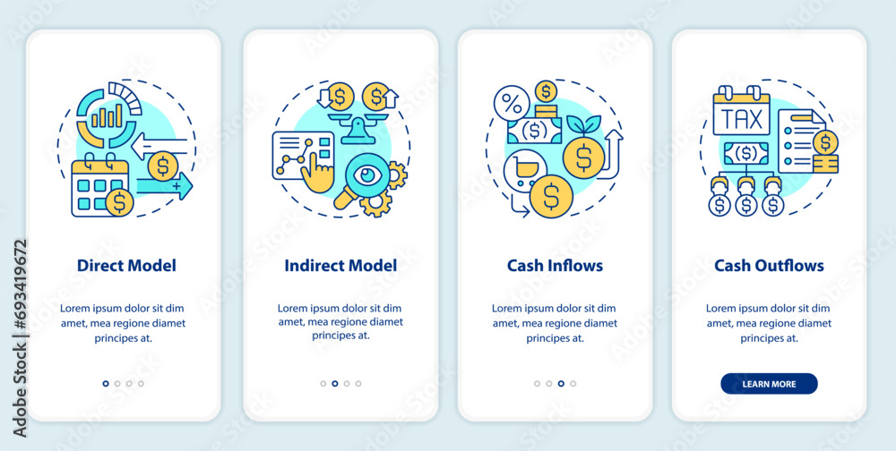 Poster 2d linear icons representing cash flow forecasting mobile app screen set. walkthrough 4 steps multic