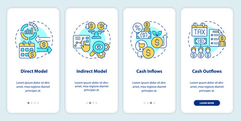 2D linear icons representing cash flow forecasting mobile app screen set. Walkthrough 4 steps multicolor graphic instructions with concept, UI, UX, GUI template.