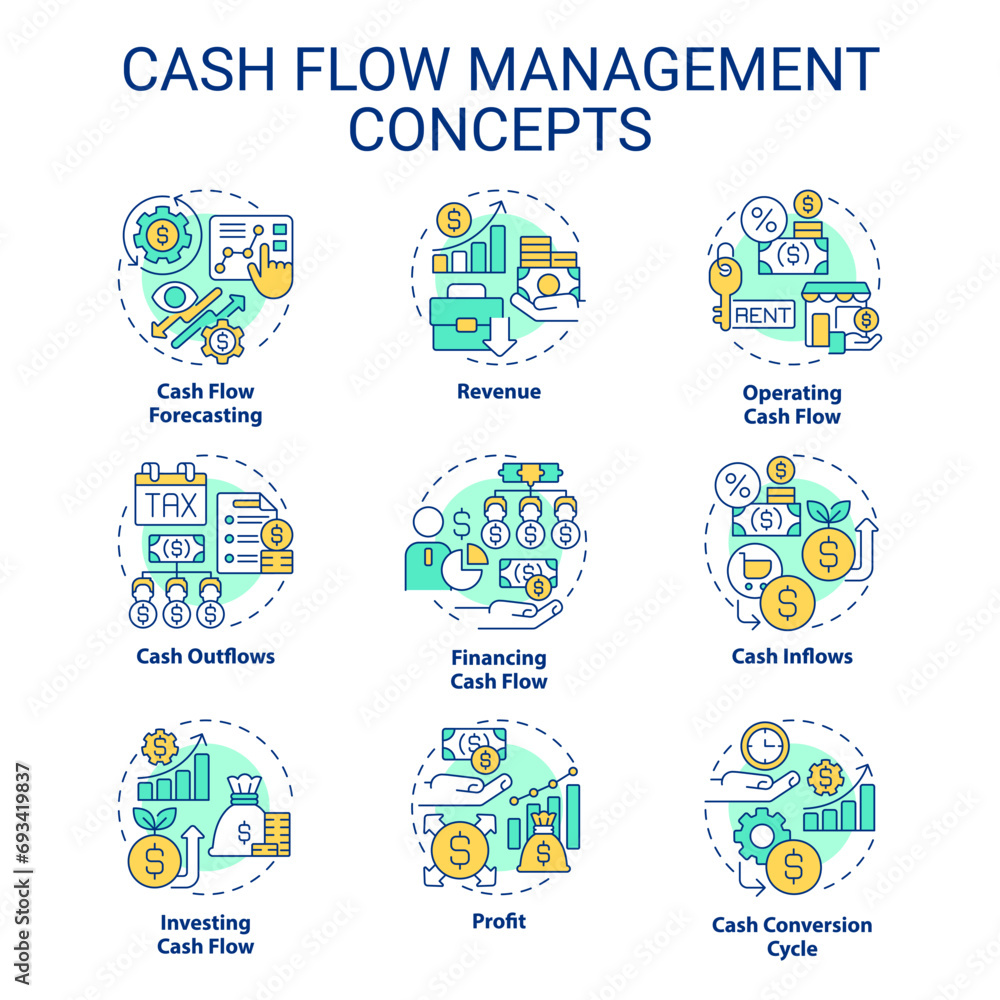 Poster set of 2d editable colorful thin line icons representing cash flow management, isolated simple vecto