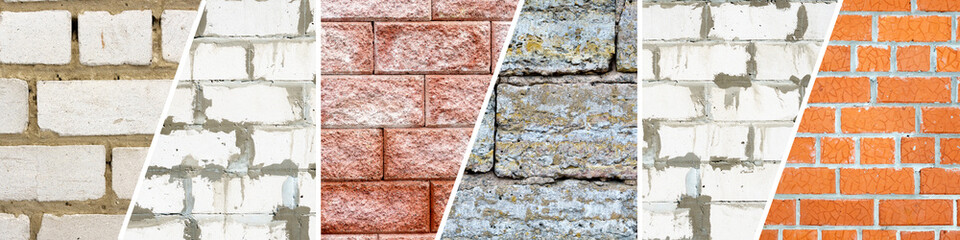 Collection of Textured Bricks, collage. Stone Background. The worn facade of the building