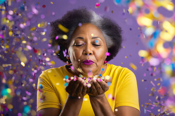 An African American senior lady blowing a bunch of confetti that she holds in her hands on a solid colored purple background