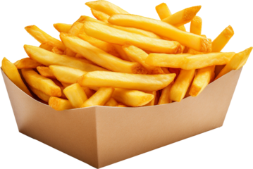 French fries in a paper box isolated on transparent background