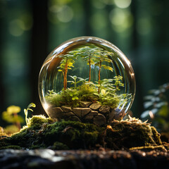 Glass globe with green forest flora inside, symbolizing nature and the environment