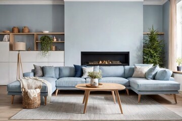 Pastel blue corner sofa against fireplace and wall with shelves. Scandinavian home interior design of modern living room.