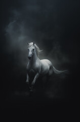 Obraz na płótnie Canvas Fantasy white galloping horse - horse deity - horse god - dark background - misty, foggy, smokey - Mysterious portrait of a horse - Cinematic movie poster style