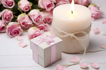 Obraz na płótnie Canvas Gift box, pink roses decor, and lit candle, greeting card
