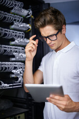 Server room, information technology and man for thinking, tablet or check connectivity at night job. Cybersecurity system, it solution or person for internet glitch, data center or storage with idea
