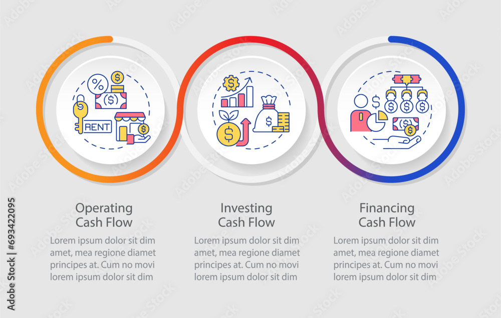Poster 2d cash flow vector infographics template with creative colorful line icons, data visualization with
