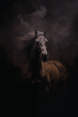 Fantasy brown horse - horse deity - horse god - dark background - misty, foggy, smokey - Mysterious portrait of a horse - Cinematic movie poster style