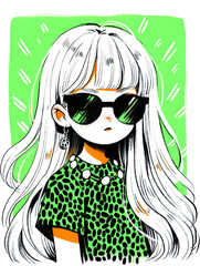 
Front view of a very cute long hair little girl wearing a green sunglasses, happy, doodle in the style of keith haring, sharpie illustrations, hand drawing with markers. - obrazy, fototapety, plakaty