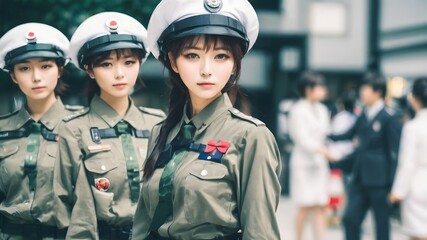 Fototapeta premium Cute Asian Girl In Military Suit Background
