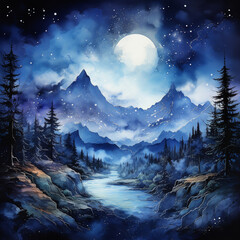 Watercolor night sky in blue colors with mountains, background