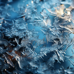 Winter frost patterns on glass. Ice crystals or cold winter background. frozen ice texture