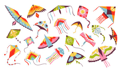 Flying wind kites of different different shape set. Kids paper kite toys with ribbon and tailtoys. Makar Sankranti. Flat vector illustration 