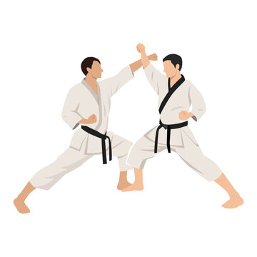 Fighting training in Karate. Karate is a martial art originating from Japan. Flat vector illustration isolated on white background