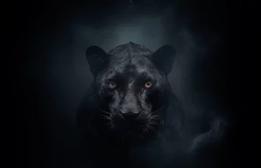 Zelfklevend Fotobehang Fantasy black panther - panther deity - panther god - dark background - misty, foggy, smokey - Mysterious portrait of a panther - Cinematic movie poster style © ana