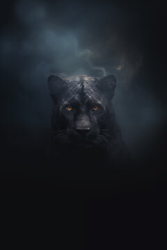 Fantasy black mysterious panther - panther deity - panther god - dark background - misty, foggy, smokey - Mysterious portrait of a panther - Cinematic movie poster style