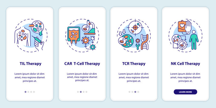 2D icons representing cell therapy types of immunotherapy mobile app screen set. Walkthrough 4 steps multicolor graphic instructions with thin line icons concept, UI, UX, GUI template.