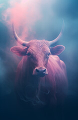 Fantasy red cow - cow deity - cow god - dark background - misty, foggy, smokey - Mysterious portrait of a cow - Cinematic movie poster style