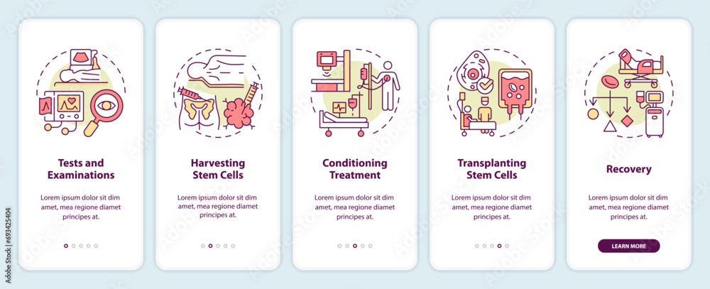 Poster 2d linear icons representing bone marrow transplant mobile app screen set. walkthrough 5 steps multi