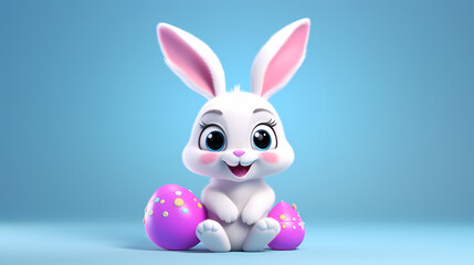 Obraz premium Adorable 3D Easter bunny icon with pastel eggs on gentle backdrops, perfect for holiday gifting and decor