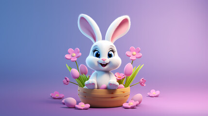 Obraz premium Adorable 3D Easter bunny icon with pastel eggs on gentle backdrops, perfect for holiday gifting and decor