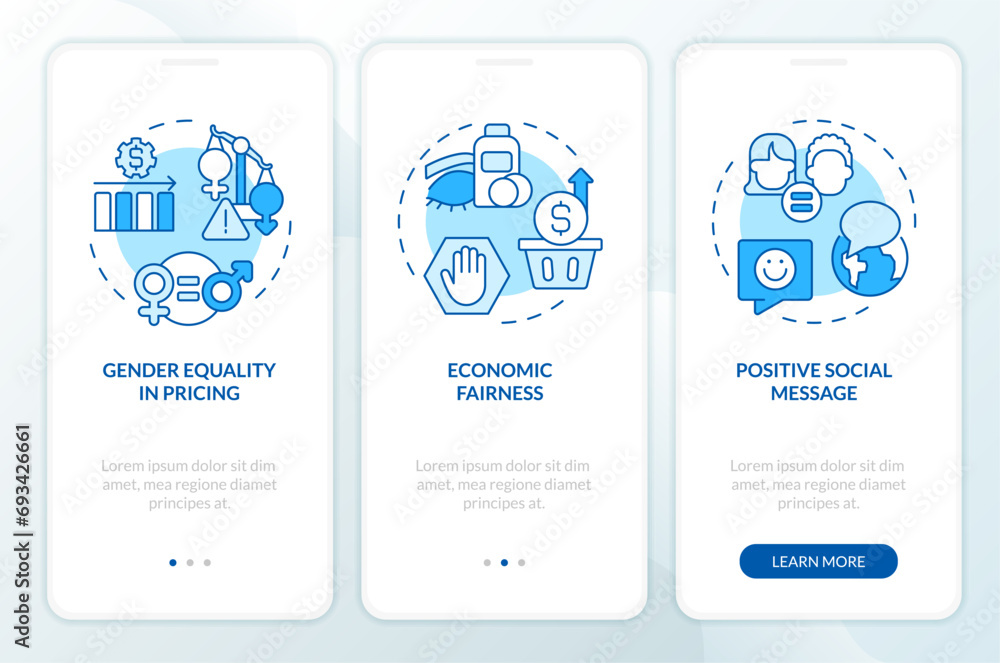 Poster 2d linear icons representing arguments for abolishing the pink tax mobile app screen set. walkthroug
