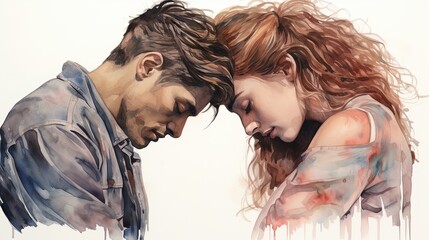 Watercolor portrait sad couple in love