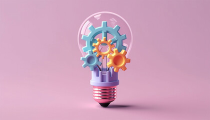 Light bulb and gears 3d render. Innovation concept. Insight icon isolated on pastel background. 3D Illustration. Pink,purple and blue. Glow Idea,teamwork,brainstorming design - obrazy, fototapety, plakaty