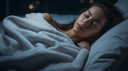 Beautiful Caucasian woman peacefully sleeping on a bed. Restful sleep, asleep. Generative AI.