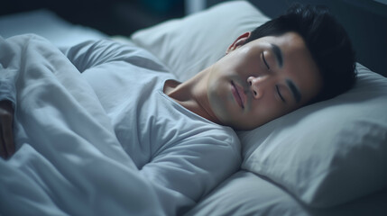 Handsome Asian man peacefully sleeping on a bed. Restful sleep, asleep. Generative AI. - obrazy, fototapety, plakaty