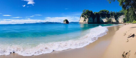 serene cathedral cove panorama: empty beach in summer sunlight
