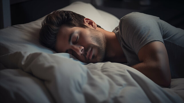 Handsome Caucasian man peacefully sleeping on a bed. Restful sleep, asleep. Generative AI.